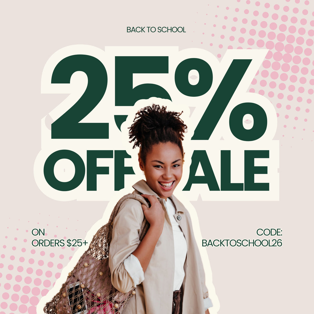 Promotional graphic for a back-to-school sale with large text reading '25% OFF ALE' and 'BACK TO SCHOOL' on a pale pink background with pink dot patterns. A woman in a beige blazer and white shirt is shown carrying a patterned shoulder bag.