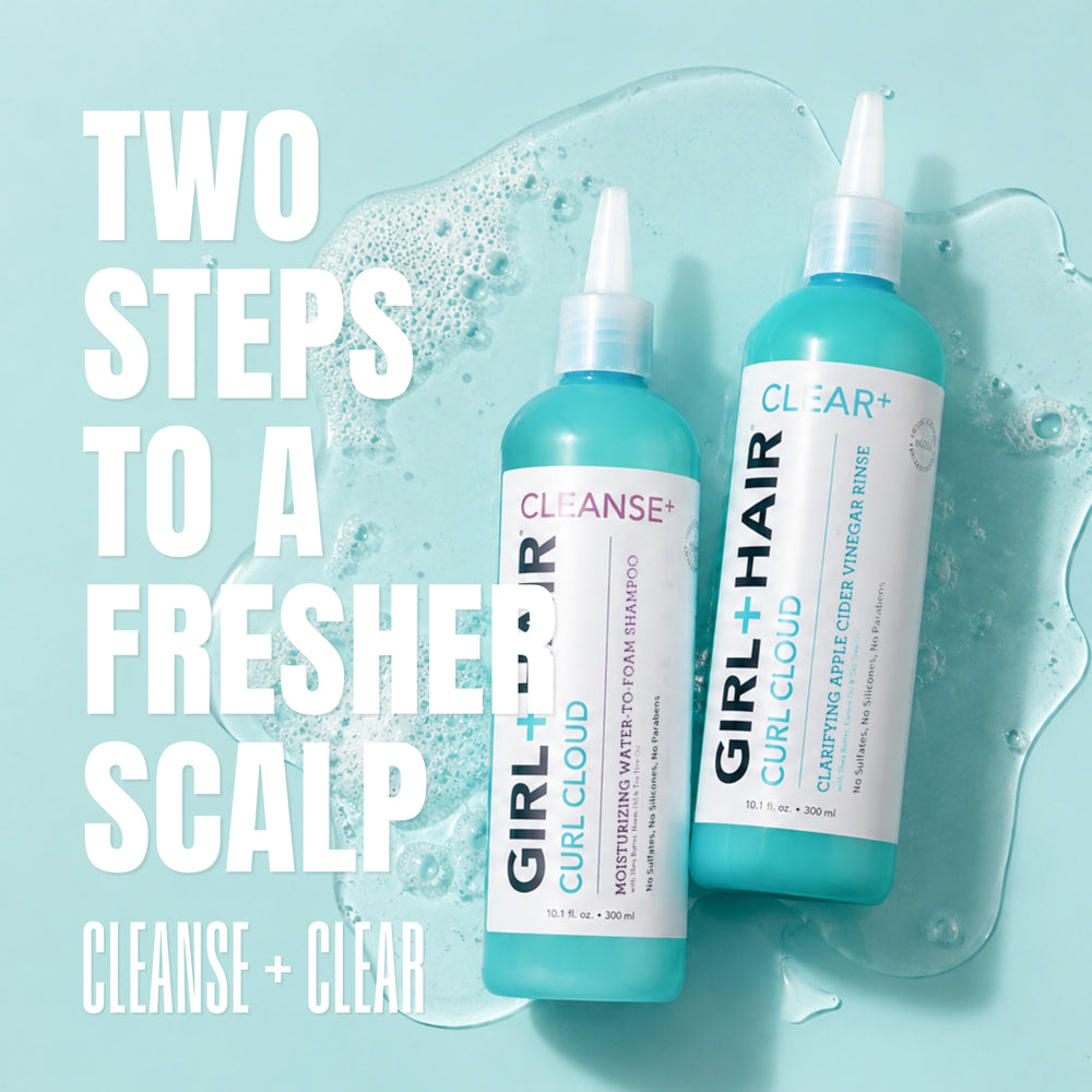 GIRL+HAIR Cleanse shampoo and Clear ACV RInse bottles against teal background with caption: Two steps to a fresher scalp 