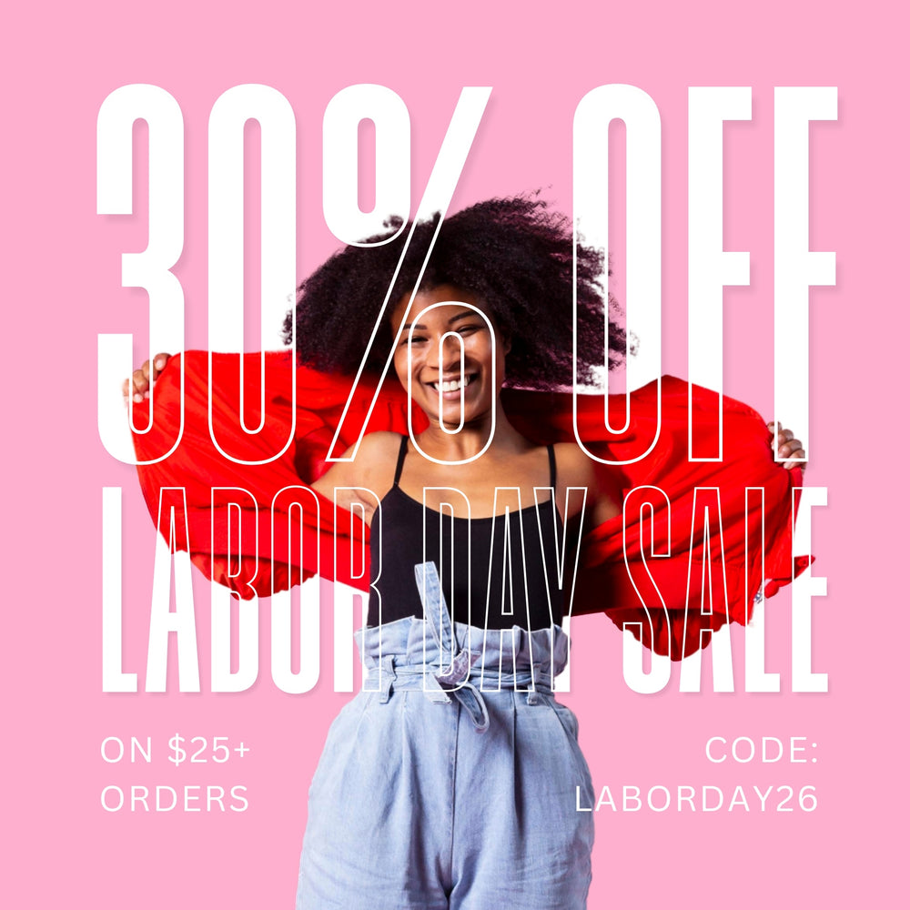 A promotional sale graphic with a smiling woman in a black tank top and light blue jeans holding open a bright red cardigan or sweater against a solid pink background. Large white text reads '30% OFF LABOR DAY SALE' with smaller text 'ON $25+ ORDERS' and 'CODE: LABORDAY26'.