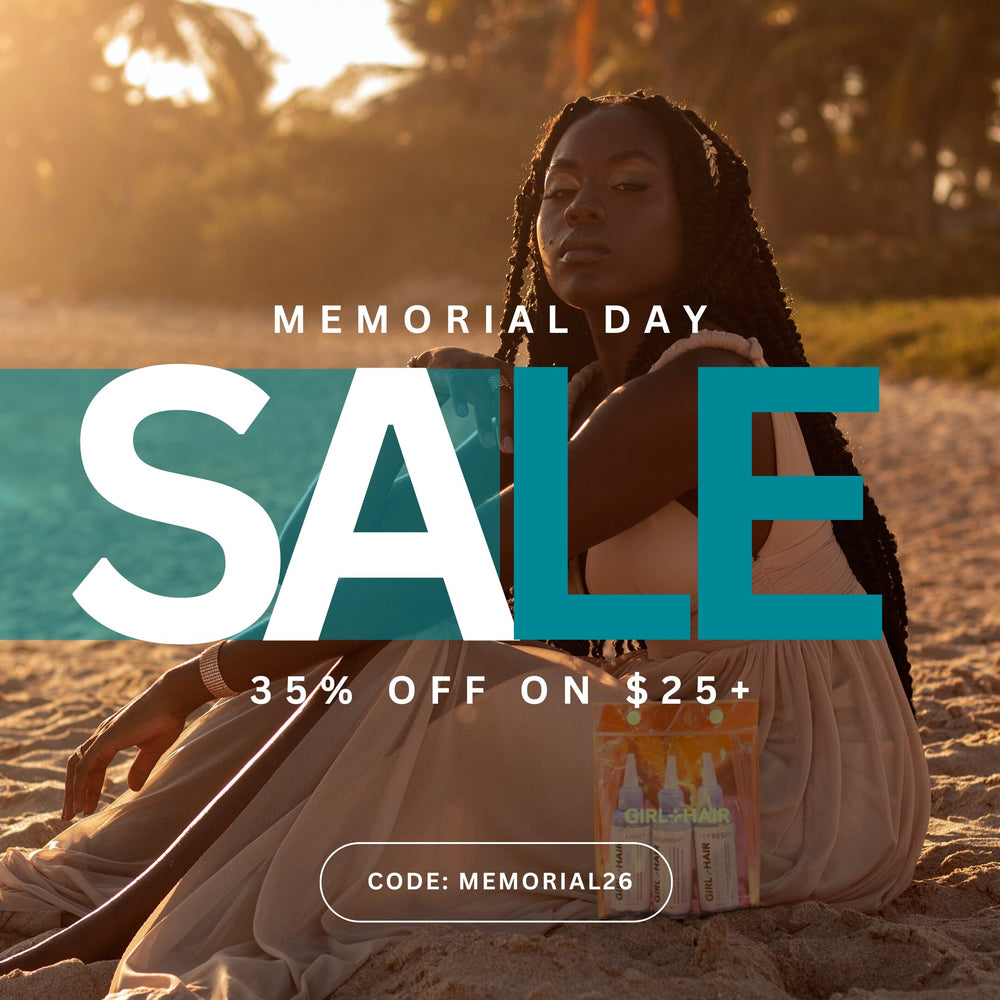 Woman sitting on a beach with '35% OFF Memorial Day Sale' text overlay