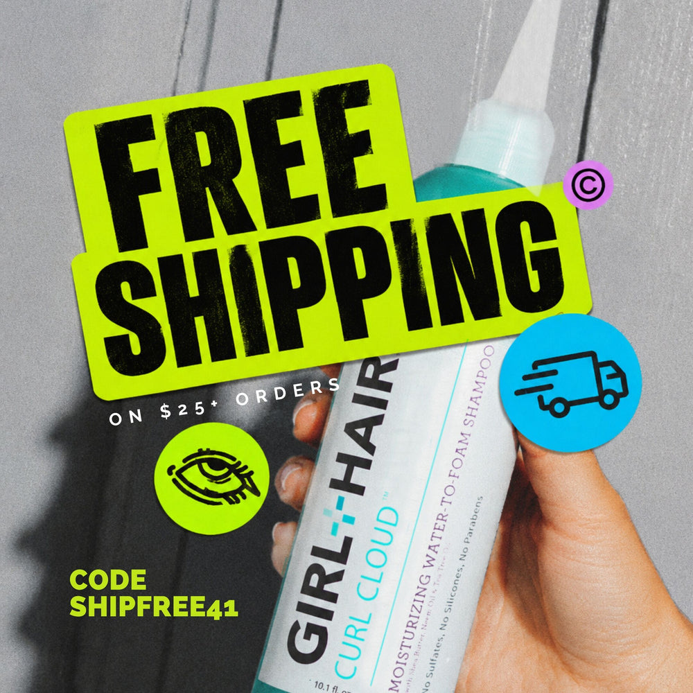 GIRL+HAIR CLEANSE+ shampoo bottle held against a wooden back ground with Free Shipping offer use code SHIPFREE41