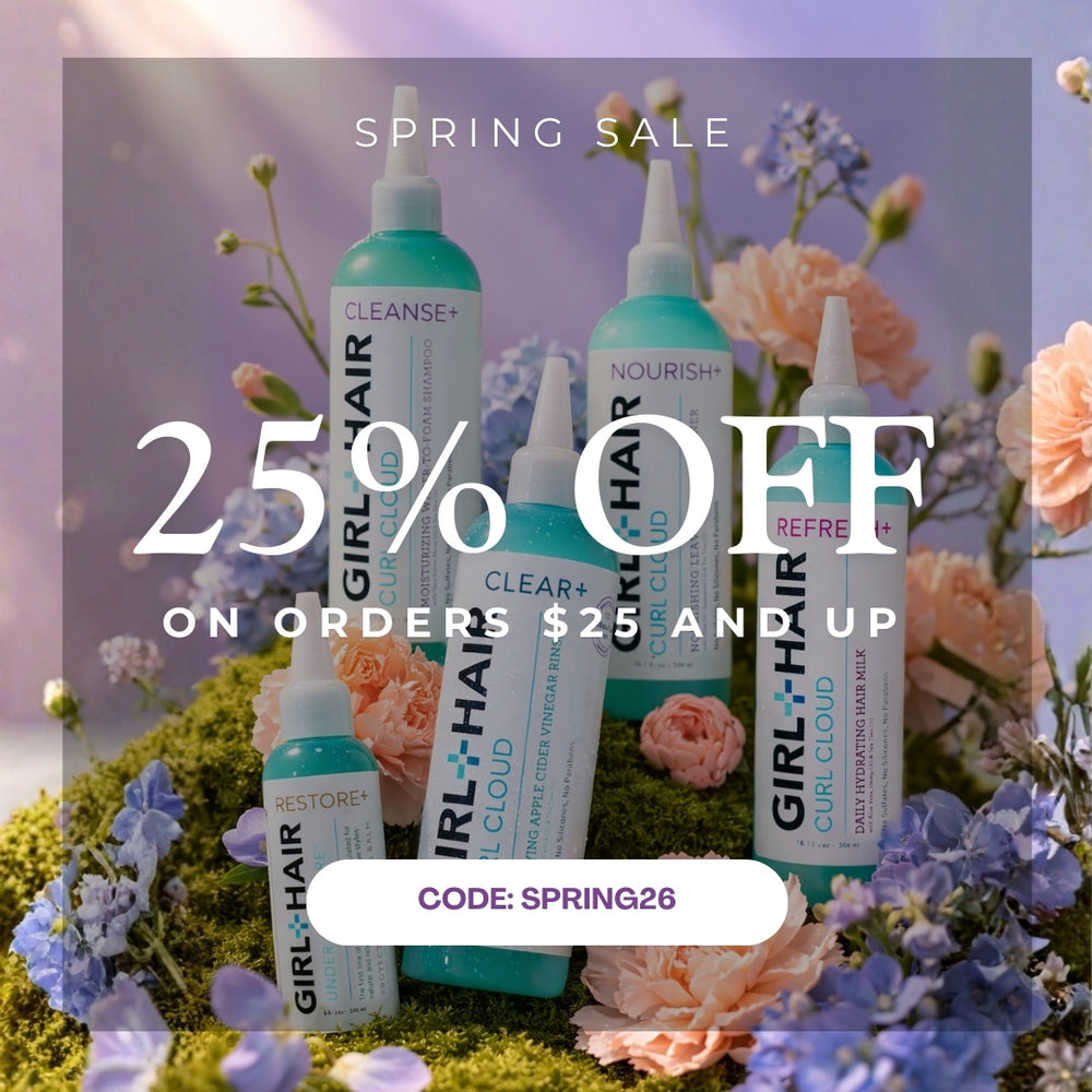 25% OFF SPRING SALE - Girl+Hair products with flowers and promotional text on a dark background