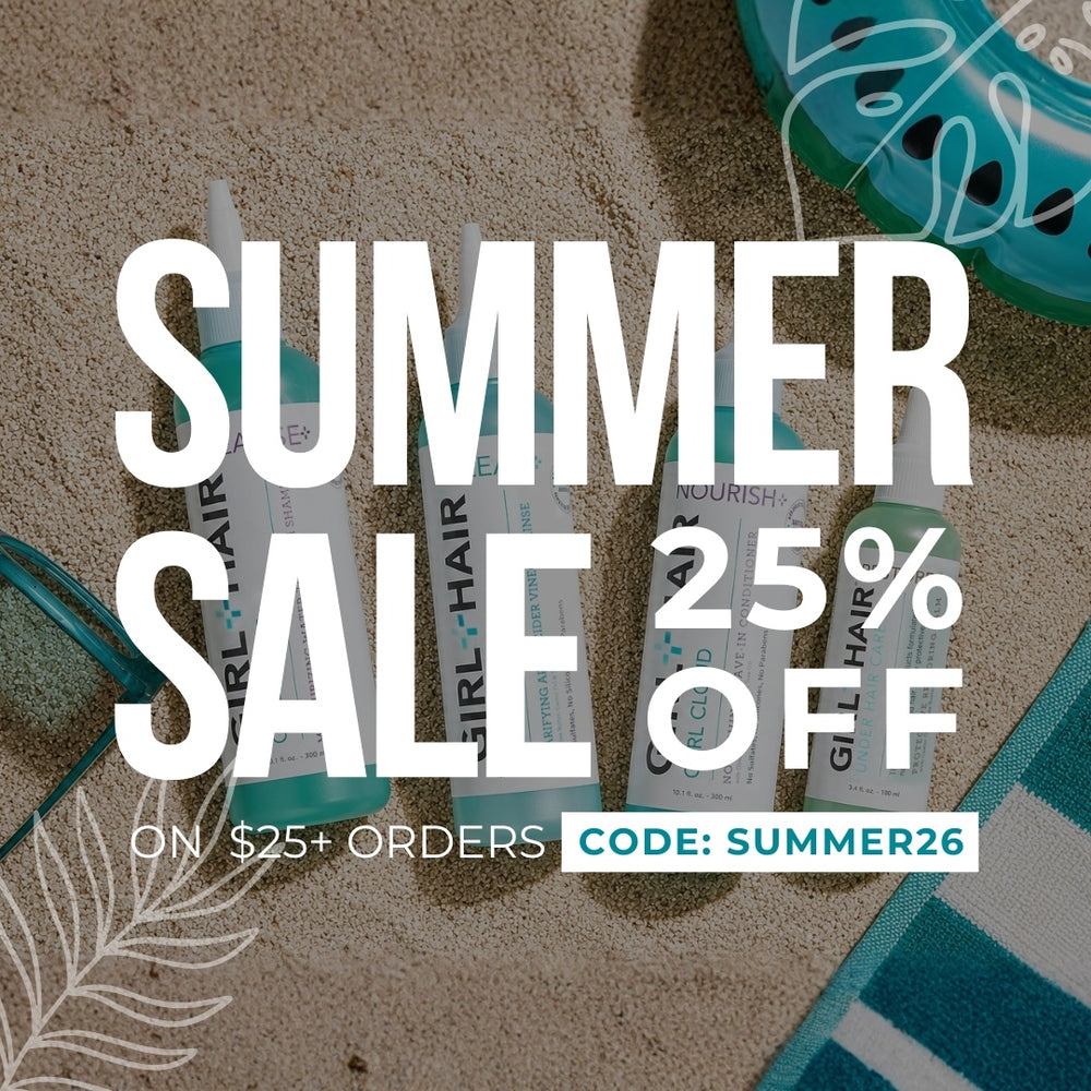 Promotional banner for 'Girl+Hair' products with 'Summer Sale' text and discount code.