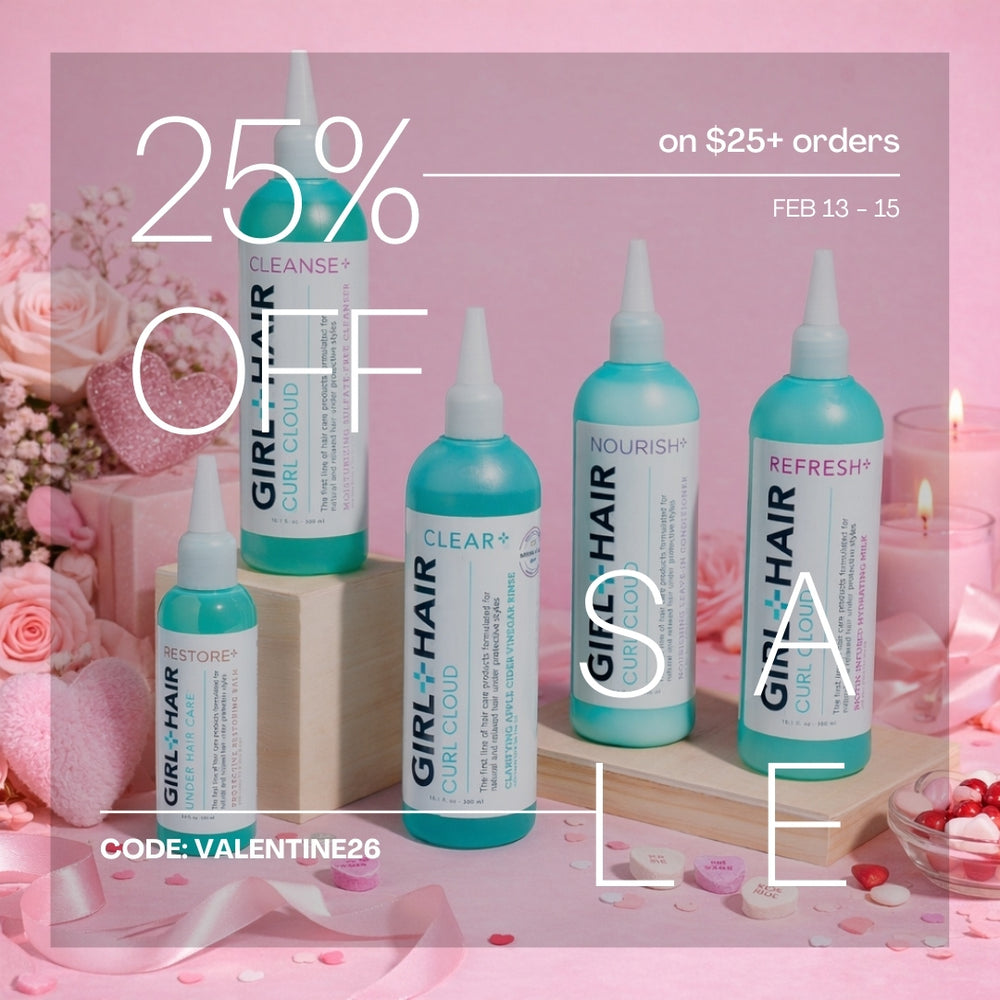 Girl+Hair product bottles with a Valentine's Day sale promotion on a pink background.