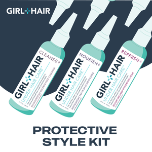 GirlandHair TSA-compliant travel kit with three bottles of scalp and hair care products by Girl and Hair